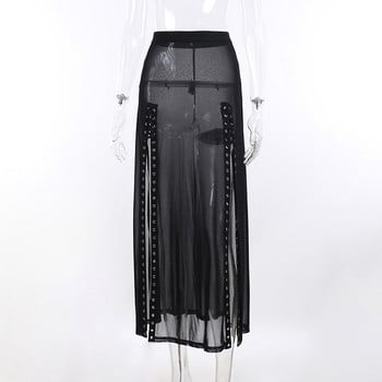 Harajuku Punk Черна издълбана пола Y2K Goth Grunge Patchwork Дълга пола с разцепени капси Лятна секси пола за нощен клуб SY22033AH