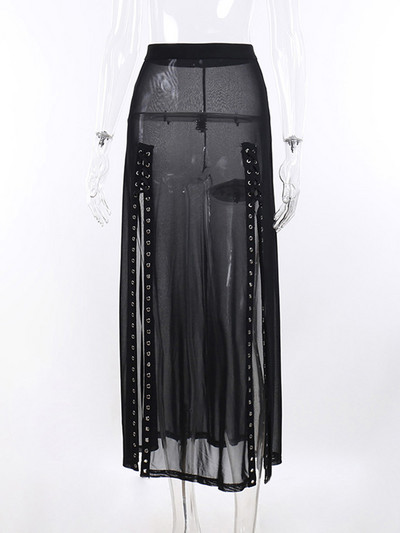 Harajuku Punk Fusta neagră scobită Y2K Goth Grunge Patchwork cu ochi Fusta lungă de vară Sexy Night Club Fusta SY22033AH