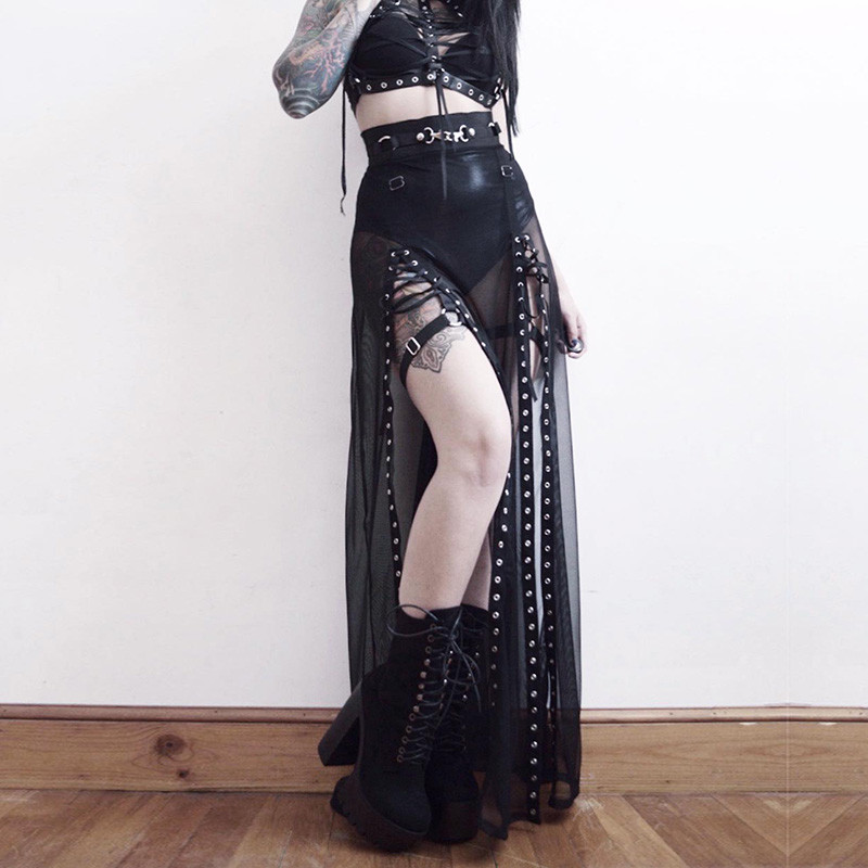 Harajuku Punk Fusta neagră scobită Y2K Goth Grunge Patchwork cu ochi Fusta lungă de vară Sexy Night Club Fusta SY22033AH