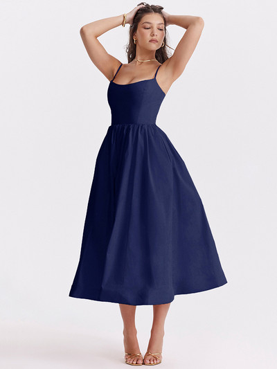 Mozision Rochie midi largi, elegantă, cu linie A, rochie pentru femei, cu bretele spaghete, fără mâneci, fără spate, franceză, retro, sexy, rochie lungă Rochii