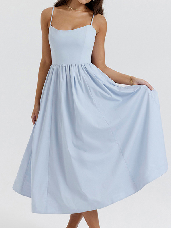 Mozision Rochie midi largi, elegantă, cu linie A, rochie pentru femei, cu bretele spaghete, fără mâneci, fără spate, franceză, retro, sexy, rochie lungă Rochii