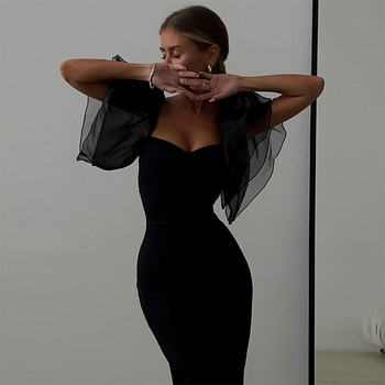 Διχτυωτό μανίκι πεταλούδα θήκη Bodycon Φόρεμα Γυναικείο τετράγωνο λαιμό Midi ρόμπα Femme μασίφ Μαύρα Vestidos Mujer Σέξι Γυναικεία Φορέματα για πάρτι