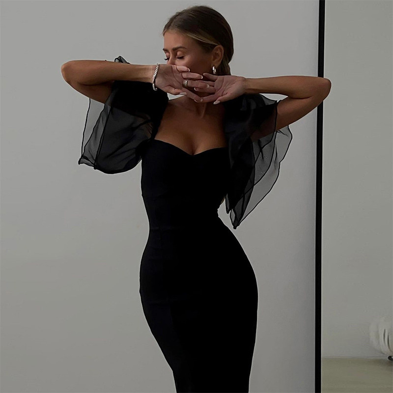Rochie cu mâneci fluture din plasă, cu teacă, rochie midi pentru femei, cu gât pătrat, rochii negre solide pentru femei, rochii sexy de petrecere pentru femei
