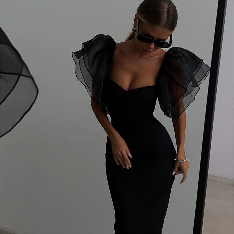 Rochie cu mâneci fluture din plasă, cu teacă, rochie midi pentru femei, cu gât pătrat, rochii negre solide pentru femei, rochii sexy de petrecere pentru femei