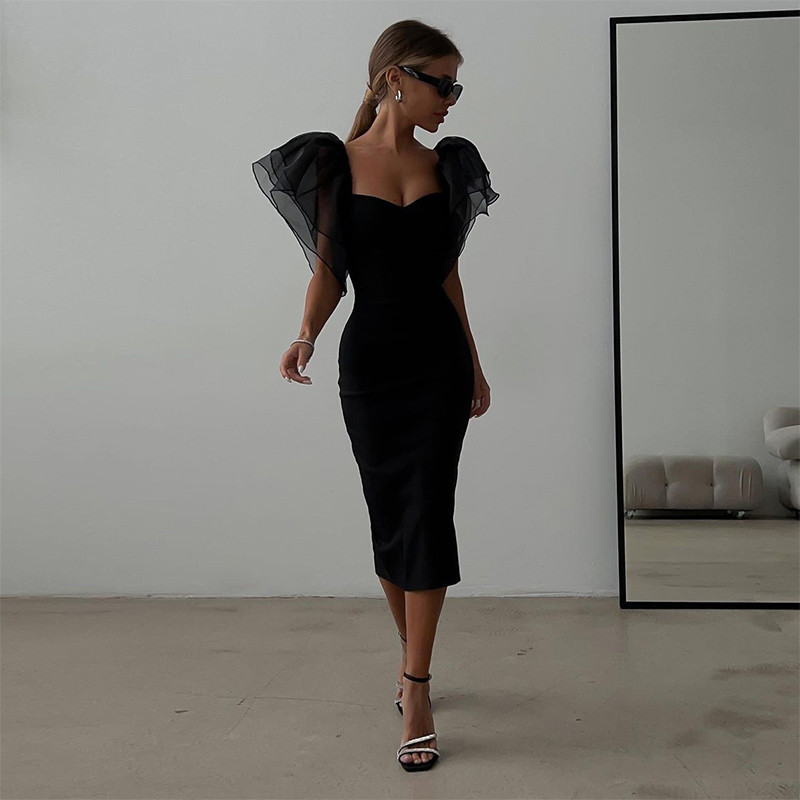 Rochie cu mâneci fluture din plasă, cu teacă, rochie midi pentru femei, cu gât pătrat, rochii negre solide pentru femei, rochii sexy de petrecere pentru femei