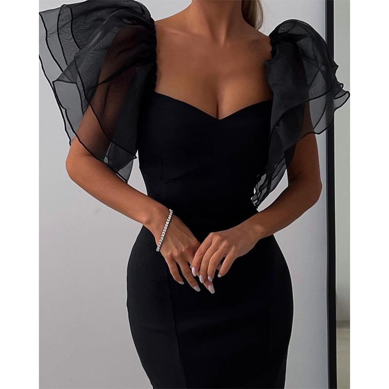 Rochie cu mâneci fluture din plasă, cu teacă, rochie midi pentru femei, cu gât pătrat, rochii negre solide pentru femei, rochii sexy de petrecere pentru femei