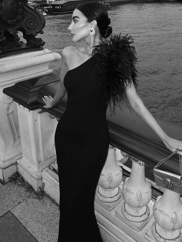 Dulzura Μαύρο Αμάνικο φόρεμα με φτερό με έναν ώμο για γυναίκες Bodycon Σέξι πάρτι Κομψό μακρύ φόρεμα βραδινή στολή γενεθλίων