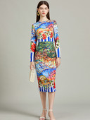 2024 Nouă modă de vacanță rochie creion cu flori Îmbrăcăminte pentru femei Mâneci lungi cu gâtul în dungi Imprimare florală Split Midi Vestidios