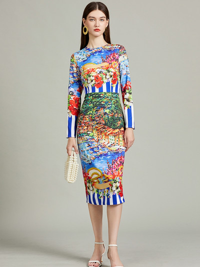 2024 Nouă modă de vacanță rochie creion cu flori Îmbrăcăminte pentru femei Mâneci lungi cu gâtul în dungi Imprimare florală Split Midi Vestidios