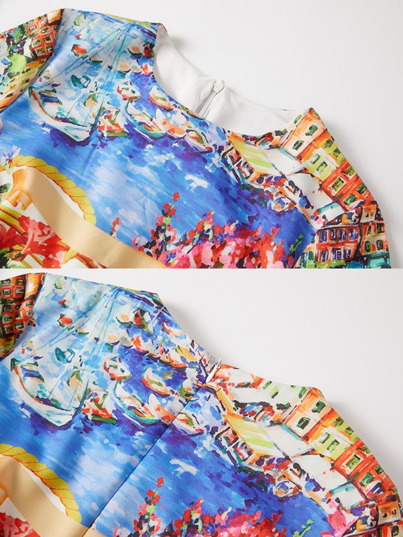 2024 Nouă modă de vacanță rochie creion cu flori Îmbrăcăminte pentru femei Mâneci lungi cu gâtul în dungi Imprimare florală Split Midi Vestidios