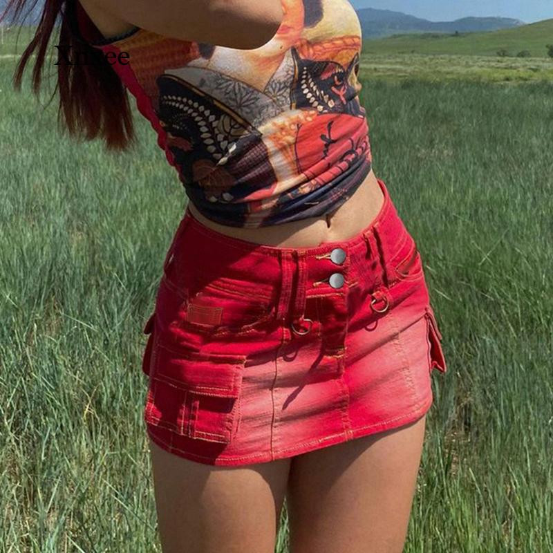Piros farmer szoknyák zsebek Alkalmi női magas derekú Harajuku női szexi miniszoknya Y2K Vintage divat szexi utcai ruhák
