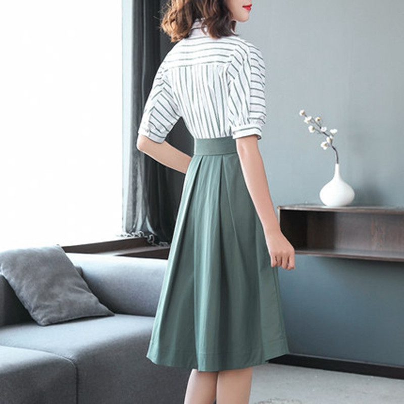 Csíkos ing ruha Női Elegáns Irodai Női OL Midi Munka Tunika Ruha Koreai divatos masni pántok Kötszer Nagy lengő ruhák Új