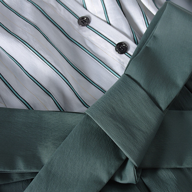 Csíkos ing ruha Női Elegáns Irodai Női OL Midi Munka Tunika Ruha Koreai divatos masni pántok Kötszer Nagy lengő ruhák Új