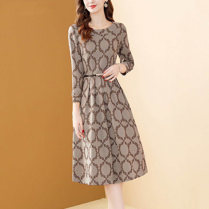 Rochie vintage în carouri din picioare de hâine femei primăvară toamnă cu mâneci lungi cu lanț de curea de birou pentru dame de lucru rochie lungă rochie midi Rochii noi