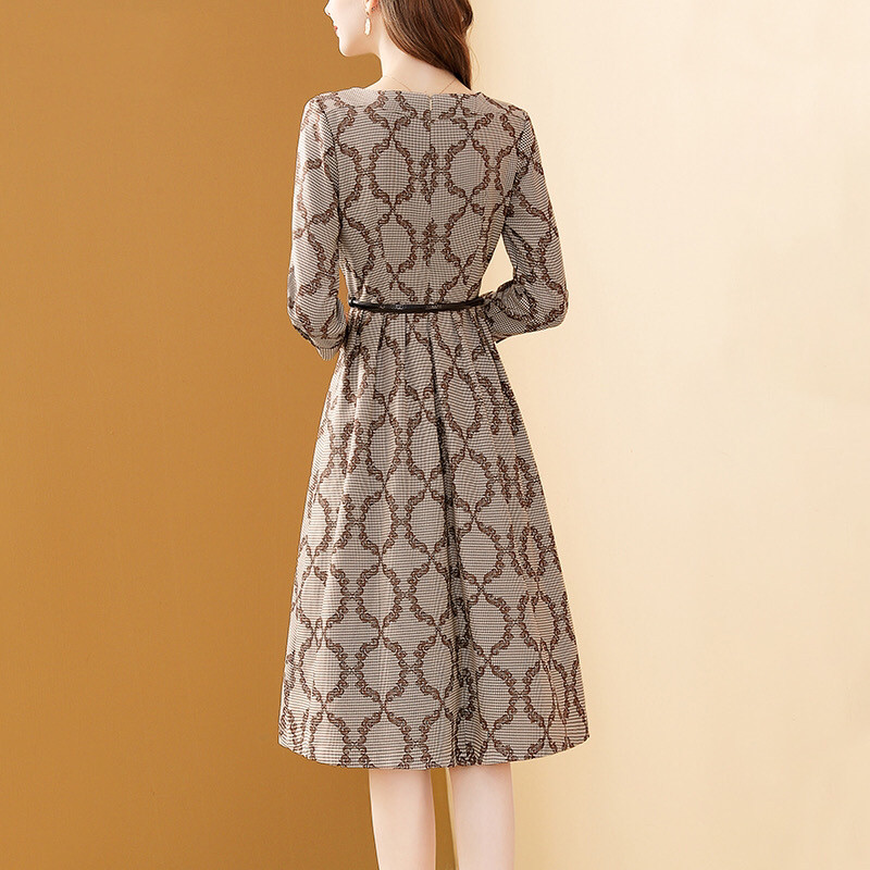 Rochie vintage în carouri din picioare de hâine femei primăvară toamnă cu mâneci lungi cu lanț de curea de birou pentru dame de lucru rochie lungă rochie midi Rochii noi