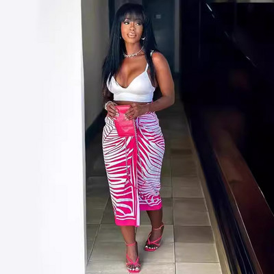 CM.YAYA Fusta midi cu talie înaltă pentru femei, cu imprimeu în dungi, cu desfășurare înaltă, asimetrică, îmbrăcăminte de stradă vintage, fuste de vacanță la plajă