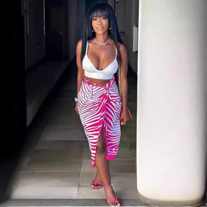 CM.YAYA Fusta midi cu talie înaltă pentru femei, cu imprimeu în dungi, cu desfășurare înaltă, asimetrică, îmbrăcăminte de stradă vintage, fuste de vacanță la plajă