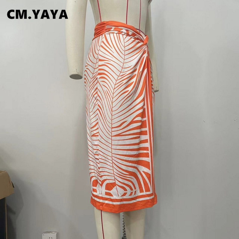CM.YAYA Fusta midi cu talie înaltă pentru femei, cu imprimeu în dungi, cu desfășurare înaltă, asimetrică, îmbrăcăminte de stradă vintage, fuste de vacanță la plajă