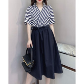 Rochie midi de vară din șifon mozaic cu dungi pentru femei, la modă, cu guler polo, la birou, pentru femei, vestă de petrecere retro coreeană L126