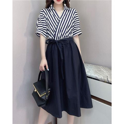 Rochie midi de vară din șifon mozaic cu dungi pentru femei, la modă, cu guler polo, la birou, pentru femei, vestă de petrecere retro coreeană L126