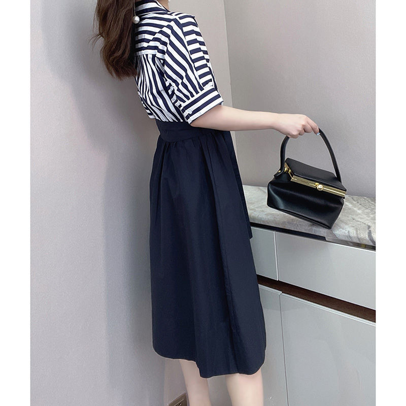 Rochie midi de vară din șifon mozaic cu dungi pentru femei, la modă, cu guler polo, la birou, pentru femei, vestă de petrecere retro coreeană L126