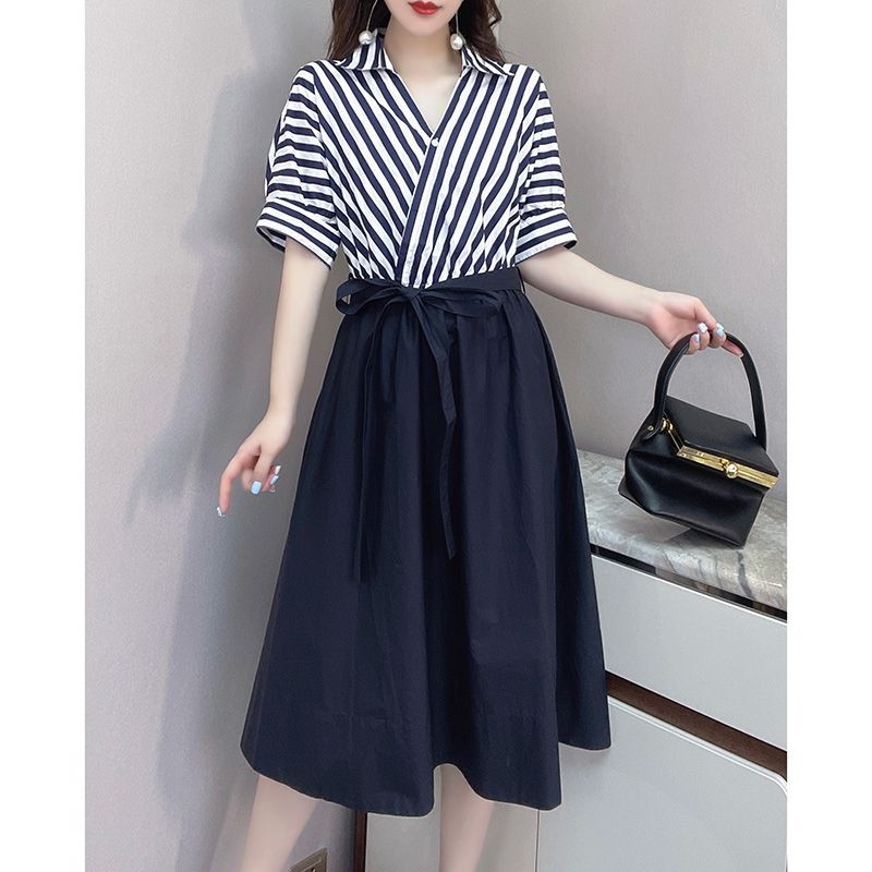 Rochie midi de vară din șifon mozaic cu dungi pentru femei, la modă, cu guler polo, la birou, pentru femei, vestă de petrecere retro coreeană L126