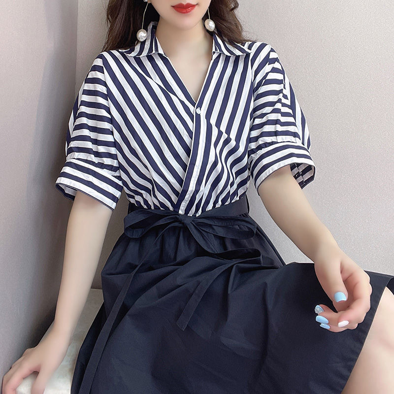 Rochie midi de vară din șifon mozaic cu dungi pentru femei, la modă, cu guler polo, la birou, pentru femei, vestă de petrecere retro coreeană L126