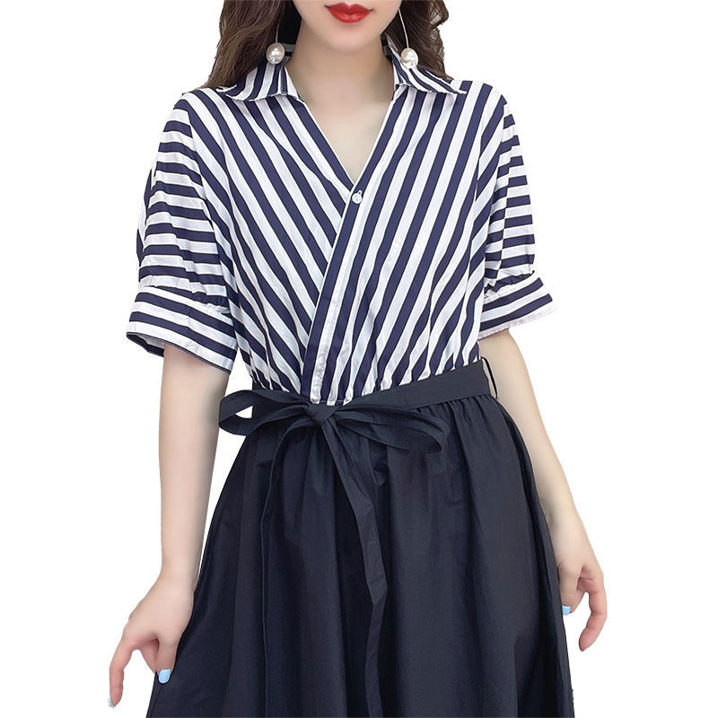 Rochie midi de vară din șifon mozaic cu dungi pentru femei, la modă, cu guler polo, la birou, pentru femei, vestă de petrecere retro coreeană L126