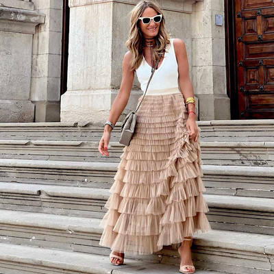 Rochie de bal plină ocazională pentru femei Fusta lungă din tul cu talie înaltă Fusta tutu plisată pentru femei elegante, din plasă sălbatică, fuste maxi picături