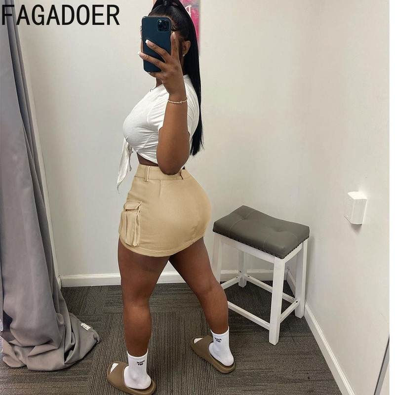 FAGADOER, la modă, de culoare solidă, cu buzunar, mini-fuste pentru femei, cu talie înaltă, fustă subțire, cu nasturi, vară, pantaloni asortați pentru femei 2024