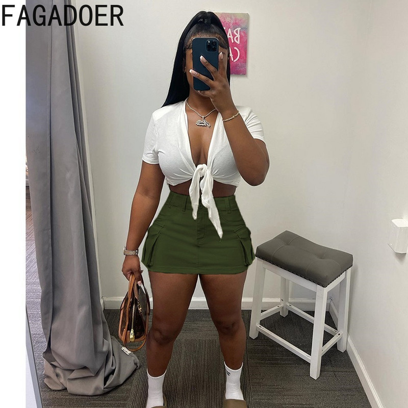 FAGADOER, la modă, de culoare solidă, cu buzunar, mini-fuste pentru femei, cu talie înaltă, fustă subțire, cu nasturi, vară, pantaloni asortați pentru femei 2024