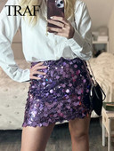 TRAF 2024 Γυναικείες ροζ κόκκινες παγιέτες ψηλόμεση σέξι μίνι φούστα με φερμουάρ στο πλάι Γυναικείες κομψές φούστες Y2k Κομψά γυναικεία ρούχα για πάρτι