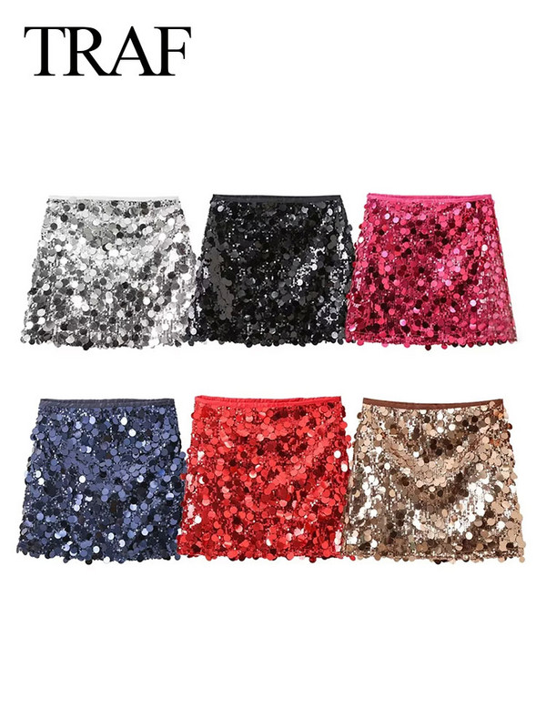 TRAF 2024 Γυναικείες ροζ κόκκινες παγιέτες ψηλόμεση σέξι μίνι φούστα με φερμουάρ στο πλάι Γυναικείες κομψές φούστες Y2k Κομψά γυναικεία ρούχα για πάρτι