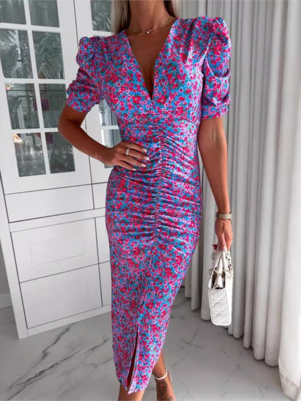 Κομψό γυναικείο φλοράλ στάμπα με κοντό μανίκι μίντι φόρεμα Καλοκαιρινό σέξι, με βαθύ V λαιμόκοψη, casual beach party φορέματα Femme Robe