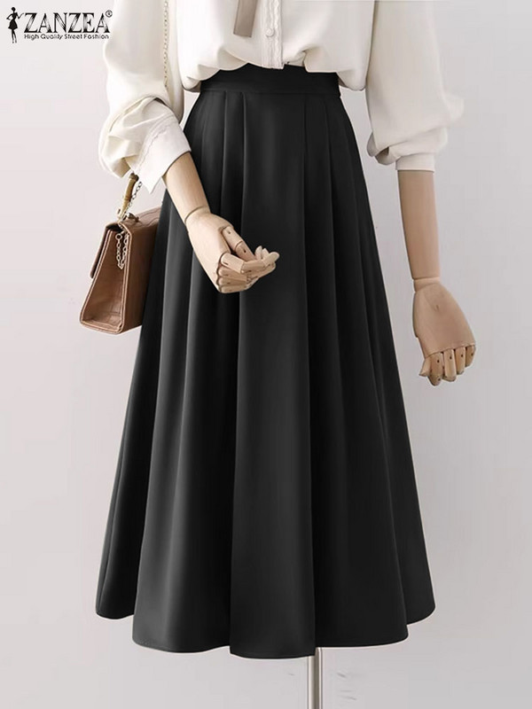 ZANZEA Fusta cu pliuri de modă coreeană pentru femei cu talie înaltă Jupe Vintage cu talie elastică de vară Falda de vacanță lejeră fuste lungi solide