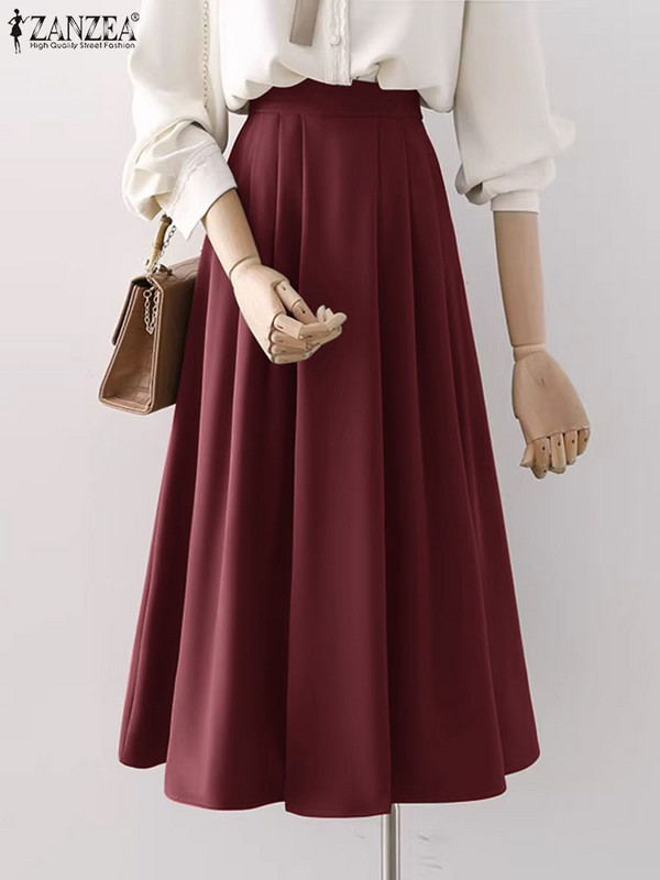 ZANZEA Fusta cu pliuri de modă coreeană pentru femei cu talie înaltă Jupe Vintage cu talie elastică de vară Falda de vacanță lejeră fuste lungi solide