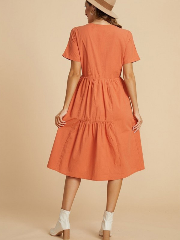 2024 de primăvară și vară noi rochii portocalii lejer, cu nasturi largi, cu gât rotund