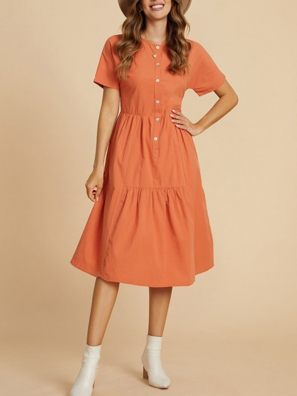 2024 de primăvară și vară noi rochii portocalii lejer, cu nasturi largi, cu gât rotund