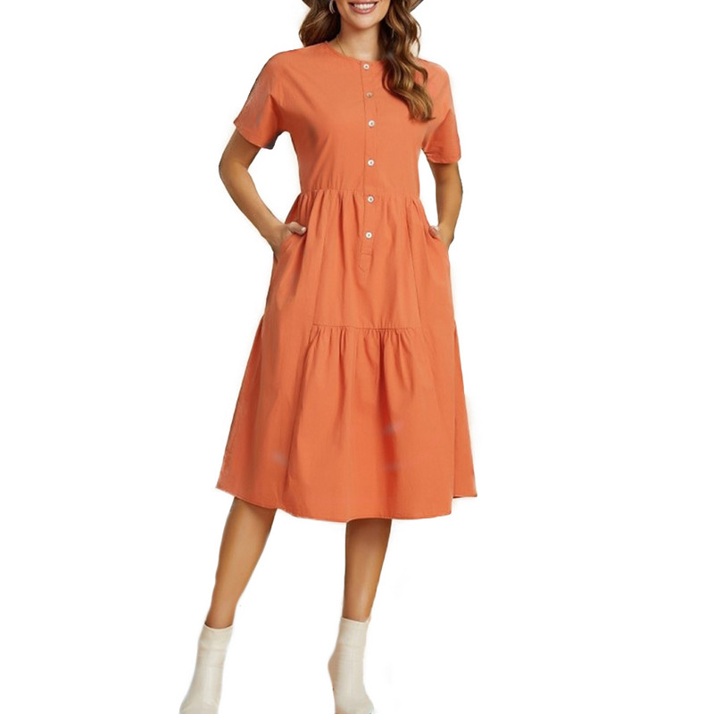 2024 de primăvară și vară noi rochii portocalii lejer, cu nasturi largi, cu gât rotund