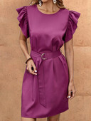 Rochie subțire pentru femei, vară 2023, cu mânecă cu bule, cu talie, cu temperament de culoare pură, set midi cu șireturi, elegantă, rochie cu linie A.