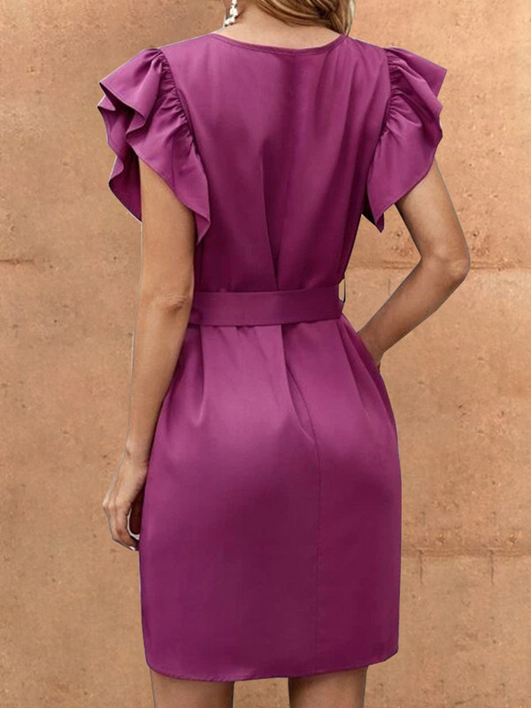 Rochie subțire pentru femei, vară 2023, cu mânecă cu bule, cu talie, cu temperament de culoare pură, set midi cu șireturi, elegantă, rochie cu linie A.