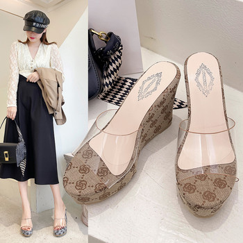 Летни чехли PVC Прозрачни обувки с отворени пръсти Платформа Чехли Сандали Дамски модни високи токчета Дамски обувки 10 см Златни