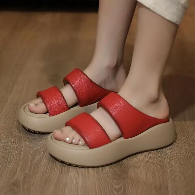 Καλοκαίρι 2023 Νέες απλές γυναικείες παντόφλες με στρογγυλά δάχτυλα με ανοιχτό δάχτυλο μονόχρωμο, παχιά σόλα με κλίση, άνετα γυναικεία παπούτσια