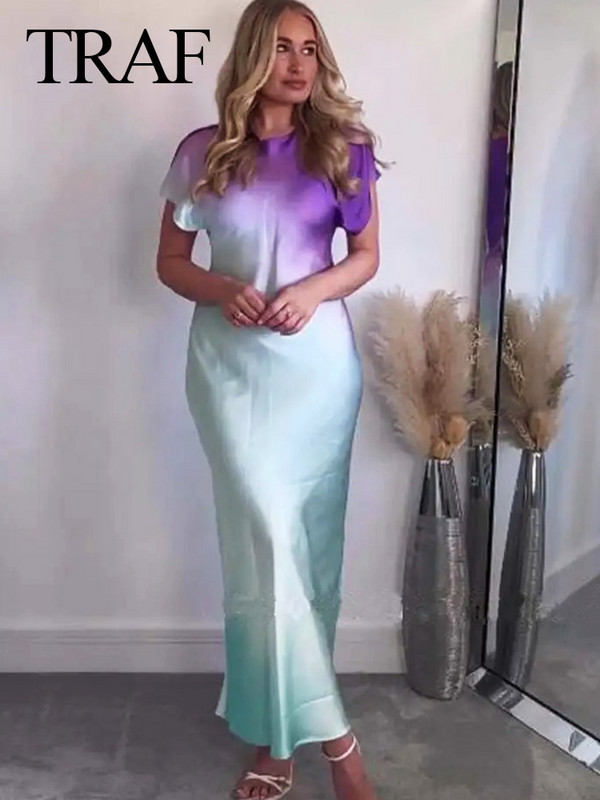 TRAF 2024 Γυναικεία μόδα στάμπα φόρεμα με κοντό μανίκι Βαφή μίντι φορέματα με λαιμόκοψη Ανοιξιάτικο Γυναικείο κομψό φαρδύ, κομψό σατέν φόρεμα