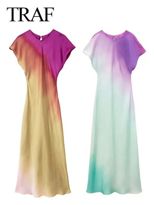 TRAF 2024 Γυναικεία μόδα στάμπα φόρεμα με κοντό μανίκι Βαφή μίντι φορέματα με λαιμόκοψη Ανοιξιάτικο Γυναικείο κομψό φαρδύ, κομψό σατέν φόρεμα