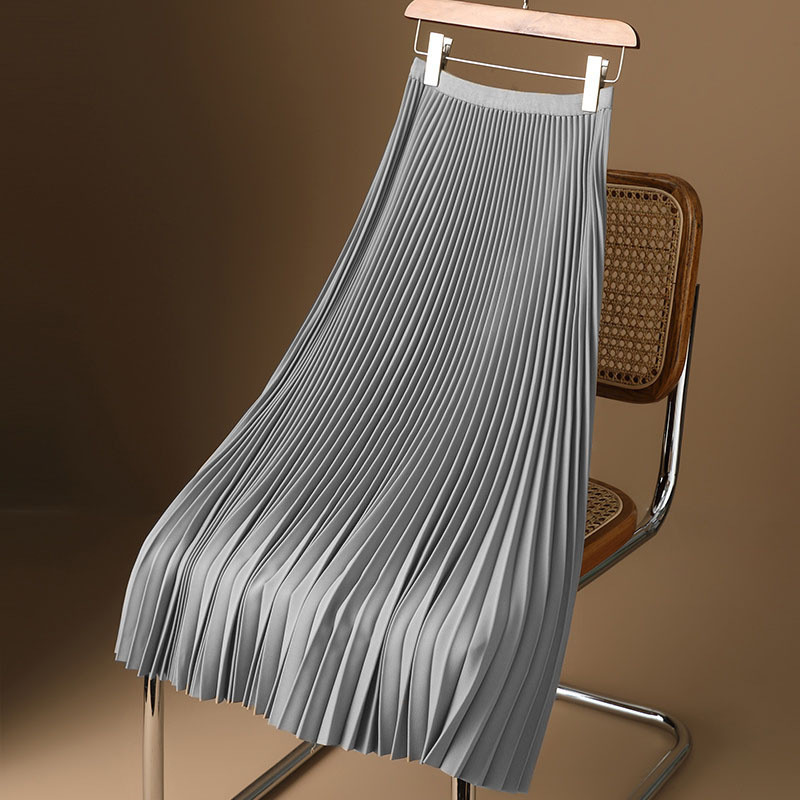 Női A-vonalú szoknya Vintage Midi szoknya széles elasztikus derékpánt magas derekú redőzött egyszínű sima szatén hosszú szoknya