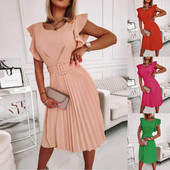 Nyári divat Új, egyszínű kerek nyakú, redős, fodros, rövid ujjú redős ruha övvel