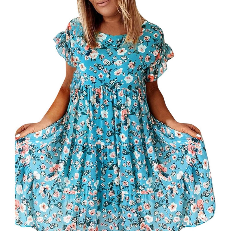 Καλοκαιρινά πλισέ Γυναικεία φορέματα σιφόν Casual Beach Holiday Κοντό μανίκι τετράγωνο γιακά Γυναικείο Midi Φόρεμα Bohemian Mujer Vestidos