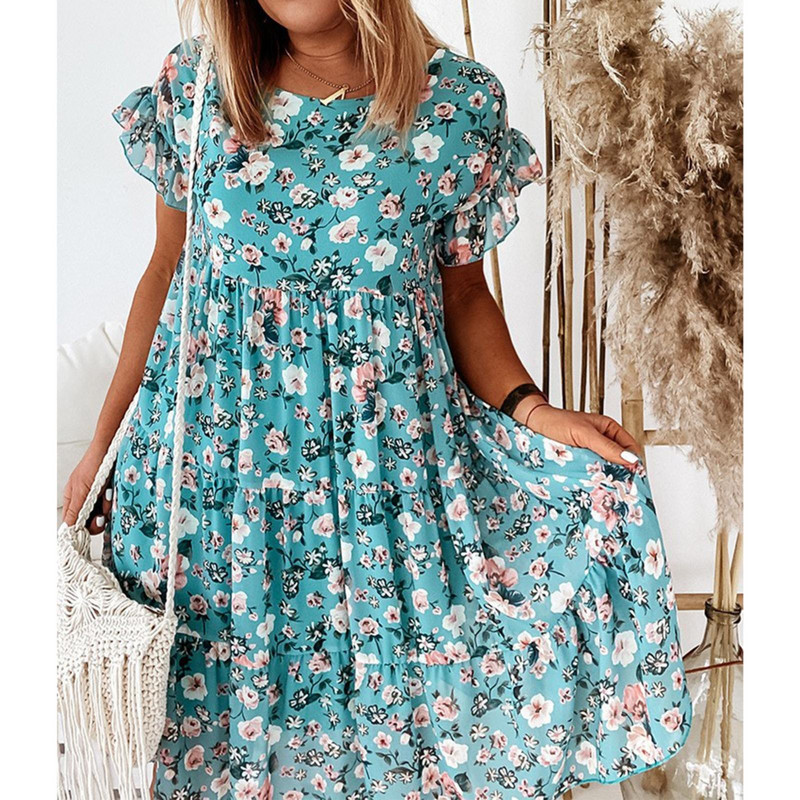 Καλοκαιρινά πλισέ Γυναικεία φορέματα σιφόν Casual Beach Holiday Κοντό μανίκι τετράγωνο γιακά Γυναικείο Midi Φόρεμα Bohemian Mujer Vestidos