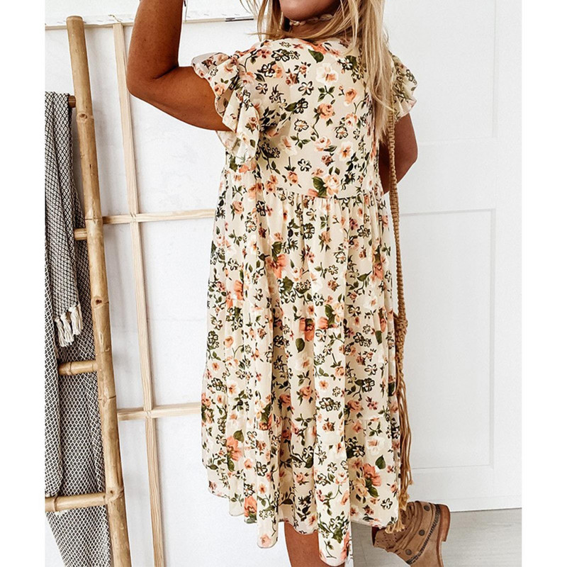 Καλοκαιρινά πλισέ Γυναικεία φορέματα σιφόν Casual Beach Holiday Κοντό μανίκι τετράγωνο γιακά Γυναικείο Midi Φόρεμα Bohemian Mujer Vestidos